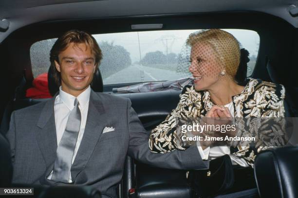 David Hallyday with his mother Sylvie Vartan, on his wedding day with Estelle Lefebure in St.-Martin de Boscherville at St. Georges Church 15th...