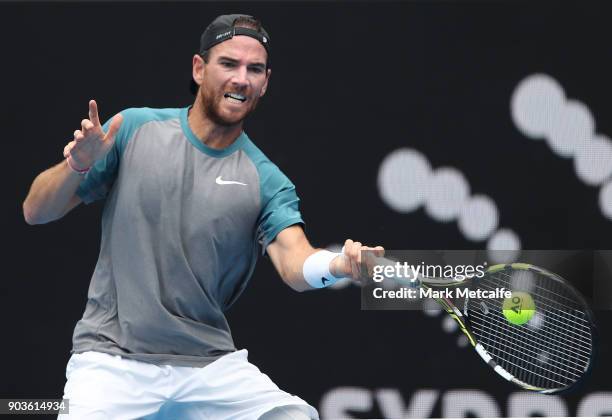 Adrian Mannarino of France plays a forehand in his quarter final match against Fabio Fognini of Italy during day five of the 2018 Sydney...