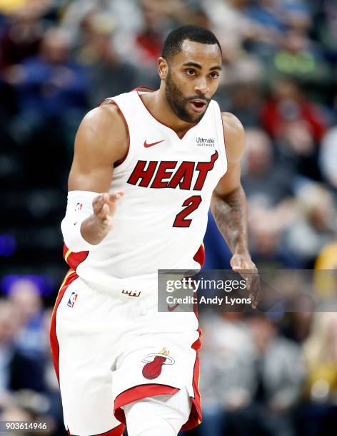 Wayne Ellington of the Miami Heat celebrates after making a three point shot against the Indiana Pacers during the game at Bankers Life Fieldhouse on...