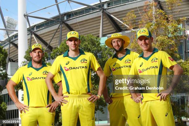 Aaron Finch, Jhye Richardson, Andrew Tye and Adam Zampa of Australia pose during the One Day International Series Launch at Melbourne Cricket Ground...