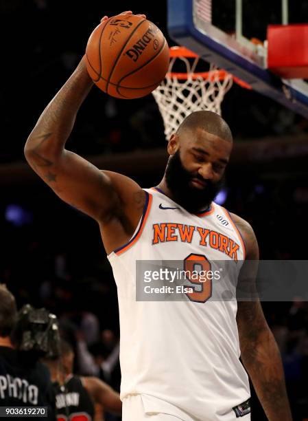 Kyle O'Quinn of the New York Knicks reacts to the loss to the Chicago Bulls at Madison Square Garden on January 10, 2018 in New York City.The Chicago...