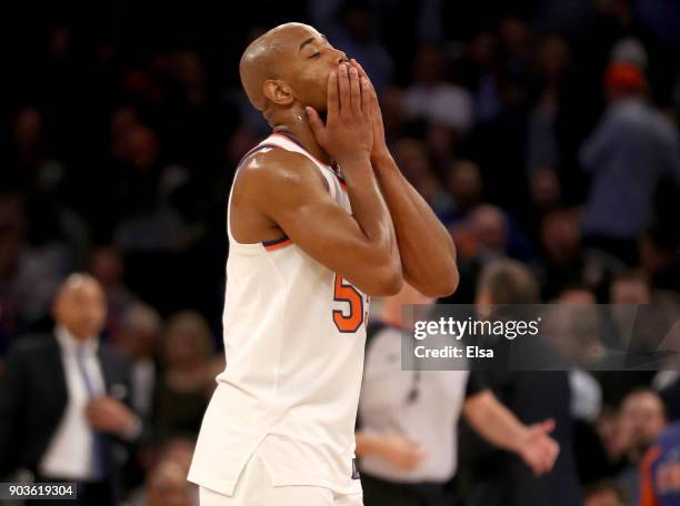 Jarrett Jack of the New York Knicks reacts to throwing a pass out of bounds in the second overtime period against the Chicago Bulls at Madison Square...