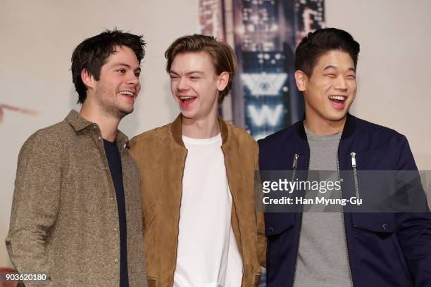 Actors Dylan O'Brien, Thomas Brodie-Sangster and Ki Hong Lee attend the press conference for 'Maze Runner: The Death Cure' Seoul Premiere on January...
