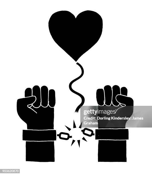 hands breaking free from shackles, heart floating above - breaking handcuffs stock illustrations