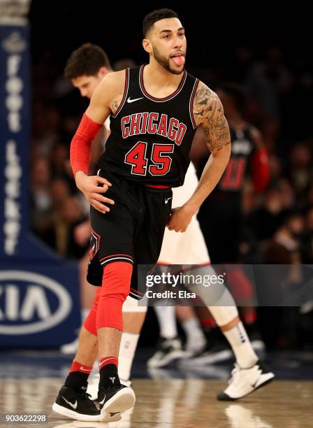 Denzel Valentine of the Chicago Bulls celerates his three point shot in the second half against the New York Knicks at Madison Square Garden on...
