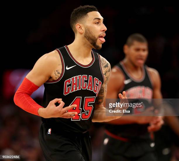 Denzel Valentine of the Chicago Bulls celerates his three point shot in the second half against the New York Knicks at Madison Square Garden on...
