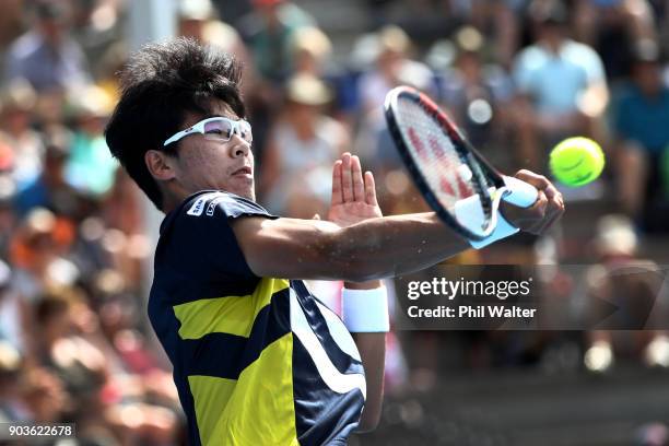 Hyeon Chung of Korea plays a forehand during his quarterfinal match against David Ferrer of Spain on day four of the ASB Men's Classic at ASB Tennis...