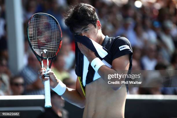 Hyeon Chung of Korea wipes his face during his quarterfinal match against David Ferrer of Spain on day four of the ASB Men's Classic at ASB Tennis...