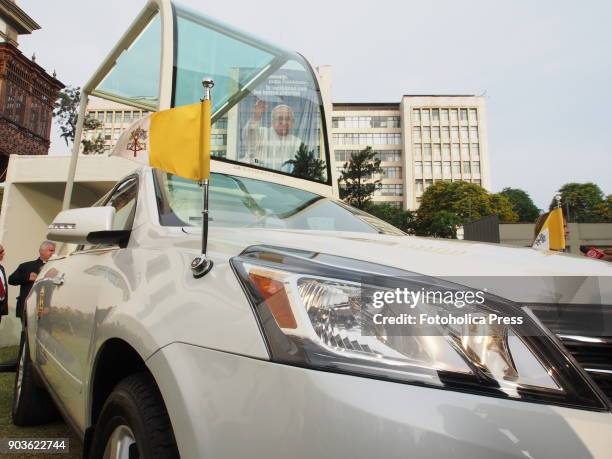 The Popemobile, a modified Chevrolet Traverse V6 3.6L 281HP, to be used in Peru during the next visit of Pope Francis I, is introduced to the press.