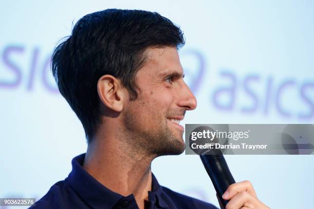 Novak Djokovic speaks to the media during an ASICS Brand Ambassador Announcement on Batman Avenue Bridge on January 11, 2018 in Melbourne, Australia.