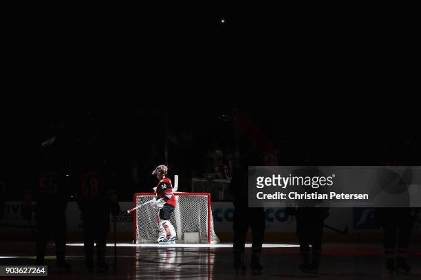 Goaltender Antti Raanta of the Arizona Coyotes is introduced before the NHL game against the New York Rangers at Gila River Arena on January 6, 2018...
