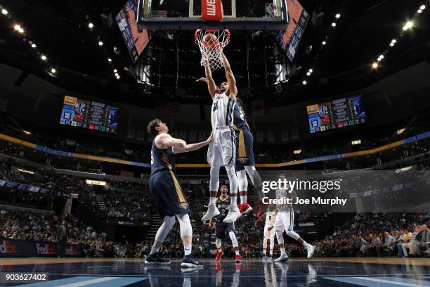 Brandan Wright of the Memphis Grizzlies goes up for a dunk against the New Orleans Pelicans on January 10, 2018 at FedExForum in Memphis, Tennessee....