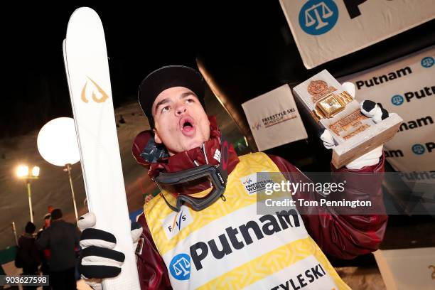 Mikael Kingsbury of Canada celebrates on the podium after winning the Men's Moguls Finals during the 2018 FIS Freestyle Ski World Cup at Deer Valley...