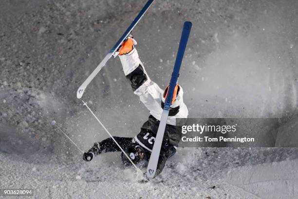 Bryon Wilson of the United States crashes in the Men's Moguls Finals during the 2018 FIS Freestyle Ski World Cup at Deer Valley Resort on January 10,...