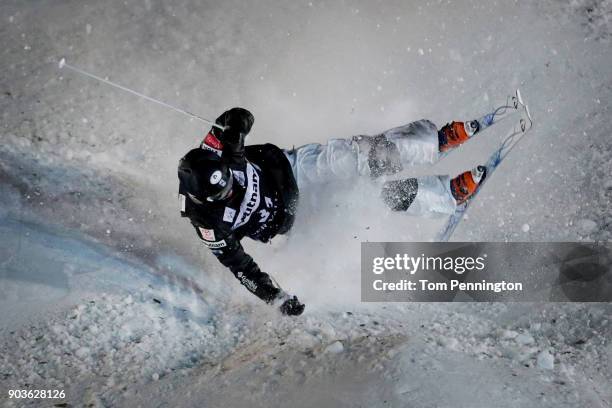 Bryon Wilson of the United States crashes in the Men's Moguls Finals during the 2018 FIS Freestyle Ski World Cup at Deer Valley Resort on January 10,...