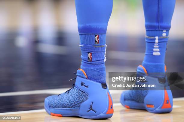 The sneakers of Carmelo Anthony of the Oklahoma City Thunder are seen during the game against the Minnesota Timberwolves on January 10, 2018 at...