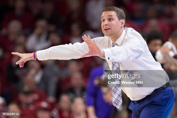 Head Coach Will Wade of the LSU Tigers directs his team during a game against the Arkansas Razorbacks at Bud Walton Arena on January 10, 2018 in...