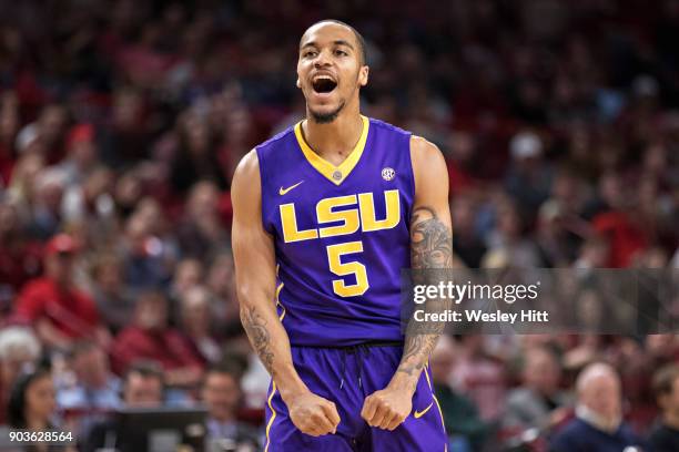 Daryl Edwards of the LSU Tigers reacts after a big play during a game against the Arkansas Razorbacks at Bud Walton Arena on January 10, 2018 in...