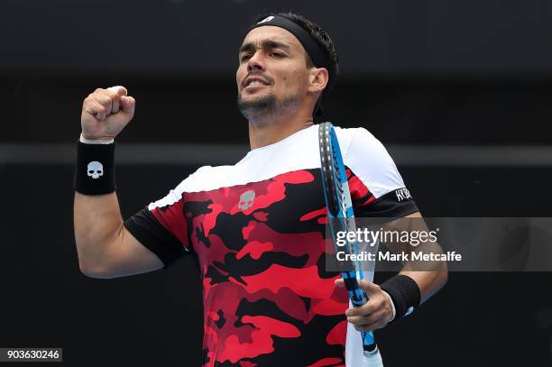 Fabio Fognini of Italy celebrates winning a point in his quarter final match against Adrian Mannarino of France during day five of the 2018 Sydney...