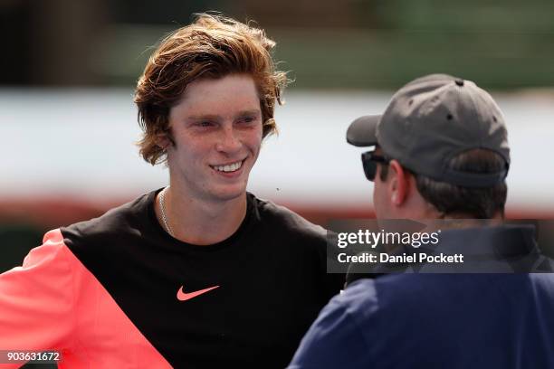 Andrey Rublev of Russia is interviewed after defeating Lucas Pouille of France during day three of the 2018 Kooyong Classic at Kooyong on January 11,...