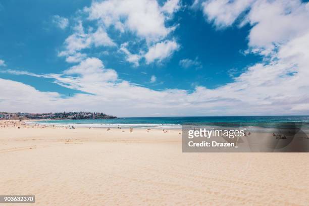 crowded beach with people and shallow water - bondi beach imagens e fotografias de stock