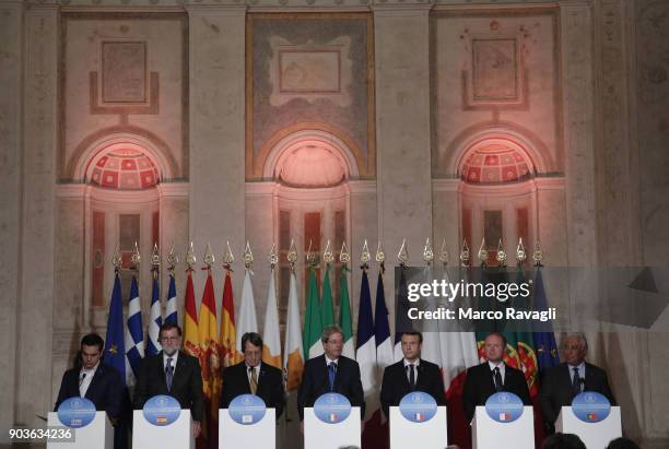 Greece's Prime Minister Alexis Tsipras, Spain's Prime Minister Mariano Rajoy, Cyprus' Prime Minister Nicos Anastasiadis, Italy's Prime Minister Paolo...