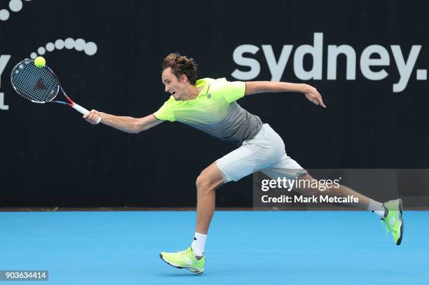 Daniil Medvedev of Russia plays a forehand in his quarter final match against Paolo Lorenzi of Italy during day five of the 2018 Sydney International...