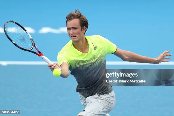 Daniil Medvedev of Russia plays a forehand in his quarter final match against Paolo Lorenzi of Italy during day five of the 2018 Sydney International...