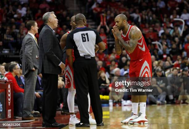 Tucker of the Houston Rockets talks with referee Courtney Kirkland after a foul in the second half of the game against the Portland Trail Blazers at...