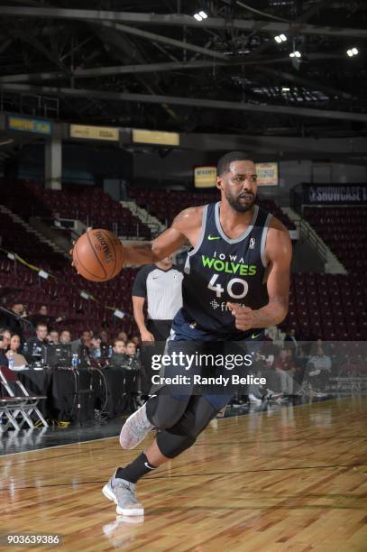 Shawne Williams of the Iowa Wolves handles the ball against the Canton Charge NBA G League Showcase Game 7 between the Iowa Wolves and Canton Charge...