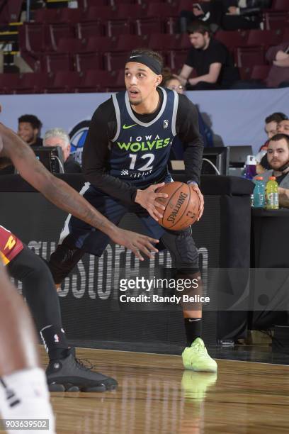 Michael Bryson of the Iowa Wolves handles the ball against the Canton Charge NBA G League Showcase Game 7 between the Iowa Wolves and Canton Charge...
