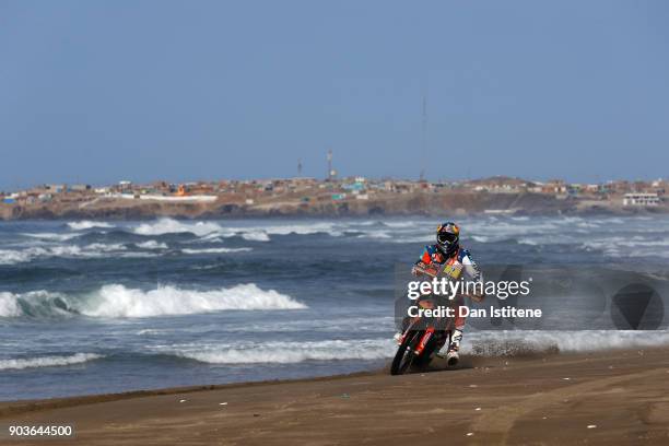 Matthias Walkner of Austria and Red Bull KTM rides a 450 Rally Replica KTM bike in the Elite ASO during stage five of the 2018 Dakar Rally between...