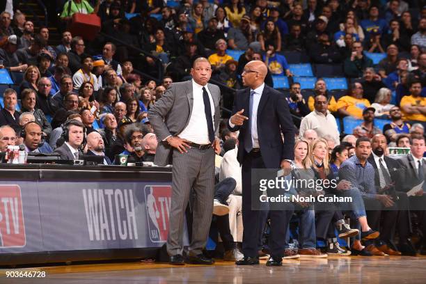 Head Coach Doc Rivers and Assistant Coach Sam Cassell during the game against the Golden State Warriors on January 10, 2018 at ORACLE Arena in...