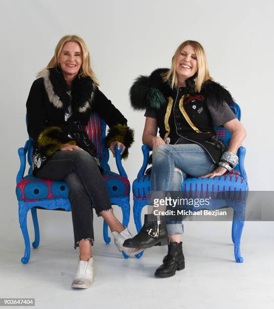 Lise Abraham and Suzanne Currie sitting in a Ulloo forty two chair at New Faces at TAP - The Artists Project on January 10, 2018 in Los Angeles,...