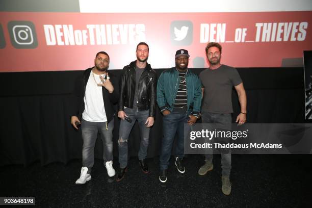 Shea Jackson Jr, Pablo Schreiber, Curtis "50 Cent" Jackson and Gerard Butler attend The Den of Thieves Special screening at Regal South Beach on...