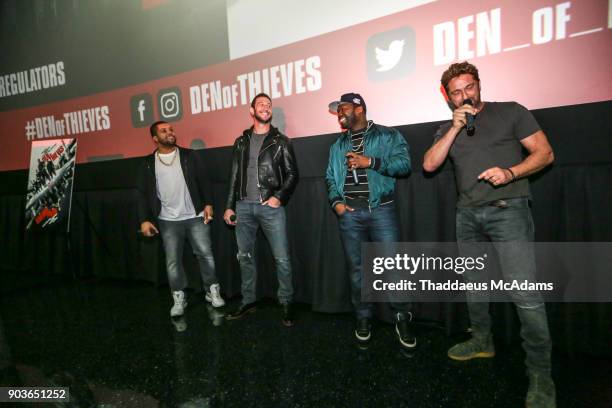 Shea Jackson Jr, Pablo Schreiber, Curtis "50 Cent" Jackson and Gerard Butler attend The Den of Thieves Special screening at Regal South Beach on...