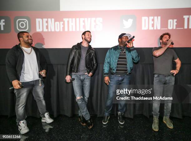 Shea Jackson Jr, Pablo Schreiber, Curtis "50 Cent" Jackson and Gerard Butler attend The Den of Thieves Special screening at Regal South Beach on...