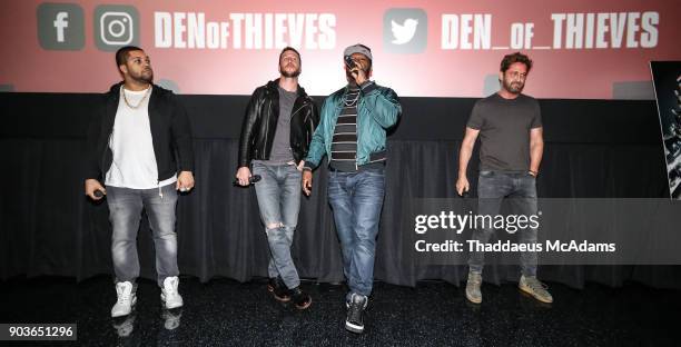 Shea Jackson Jr, Pablo Schreiber, Curtis "50 Cent" Jackson and Gerard Butler attend The Den of Thieves Special screening at Regal South Beach on...