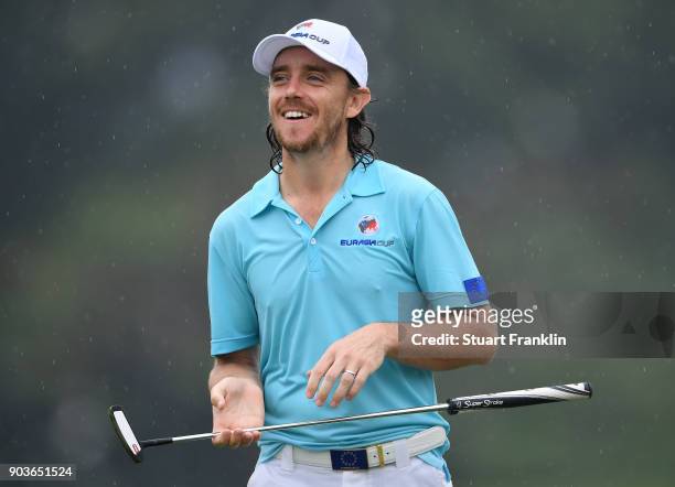 Tommy Fleetwood of Team Europe looks happy during the pro - am prior to the start of the Eurasia Cup at Glenmarie G&CC on January 11, 2018 in Kuala...