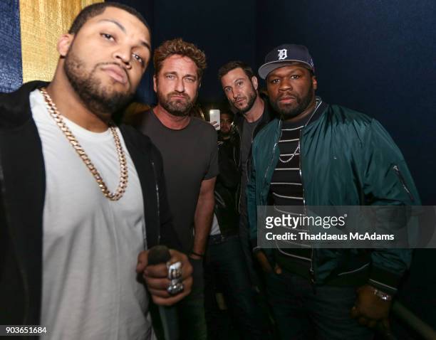 Shea Jackson Jr, Gerard Butler Pablo Schreiber and Curtis "50 Cent" Jackson attend The Den of Thieves Special screening at Regal South Beach on...
