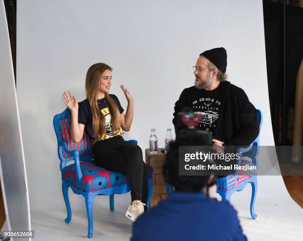 Kevin Osorio shooting Lea Nicole and Joseph Reitman sitting in a Ulloo forty two chair at New Faces at TAP - The Artists Project on January 10, 2018...