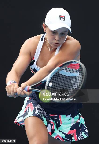 Ashleigh Barty of Australia plays a backhand in her quarter final match against Barbora Strycova of the Czech Republic during day five of the 2018...