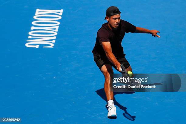 Jason Kubler of Australia plays a forehand against Yoshihito Nishioka of Japan during day three of the 2018 Kooyong Classic at Kooyong on January 11,...