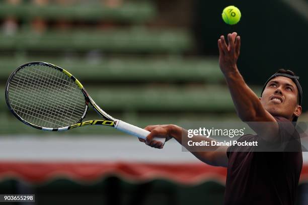 Jason Kubler of Australia serves against Yoshihito Nishioka of Japan during day three of the 2018 Kooyong Classic at Kooyong on January 11, 2018 in...