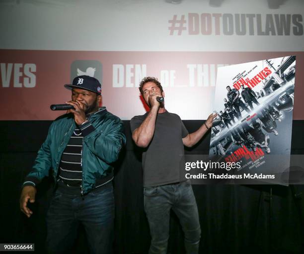 Curtis "50 Cent" Jackson and Gerard Butler at The Den of Thieves special screening at Regal South Beach on January 10, 2018 in Miami, Florida.