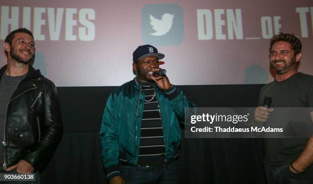 Pablo Schreiber, Curtis "50 Cent" Jackson and Gerard Butler at The Den of Thieves special screening at Regal South Beach on January 10, 2018 in...