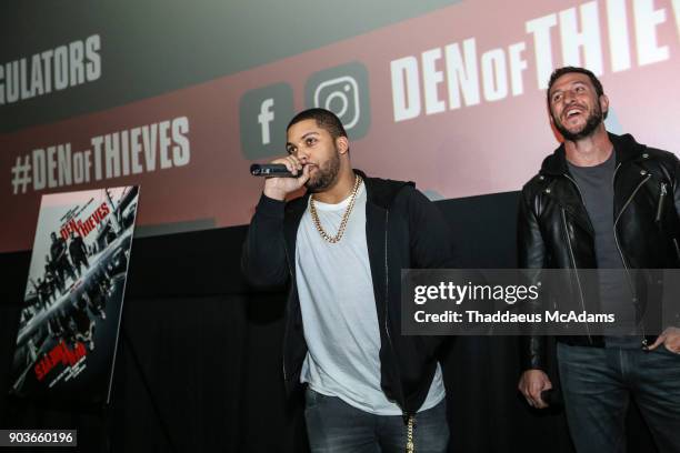 OShea Jackson Jr and Pablo Schreiber at The Den of Thieves special screening at Regal South Beach on January 10, 2018 in Miami, Florida.