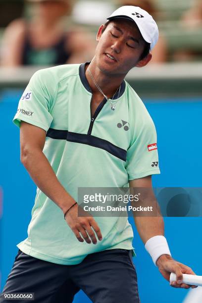 Yoshihito Nishioka of Japan reacts against Jason Kubler of Australia during day three of the 2018 Kooyong Classic at Kooyong on January 11, 2018 in...