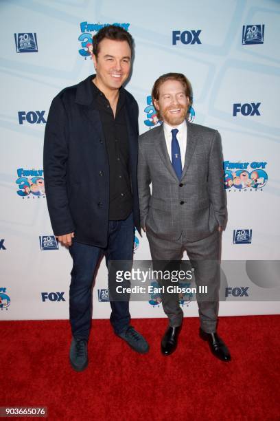 Seth MacFarlane and Seth Green attend Fox Celebrates 300th Episode Of "Family Guy" at Cicada on January 10, 2018 in Los Angeles, California.
