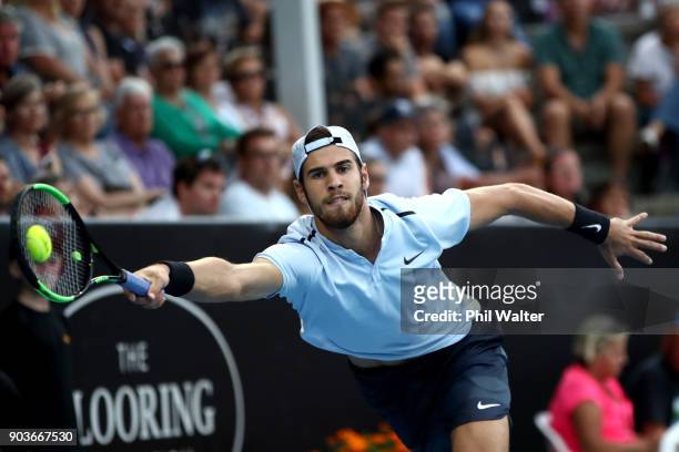Karen Khachanov of Russia plays a forehand in his quarterfinal match against Juan Martin Del Potro of Argentina during day four of the ASB Men's...